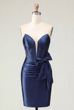 Satin Sweetheart Navy Bodycon Corset Ruched Homecoming Dress with Bow