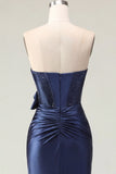 Satin Sweetheart Navy Bodycon Corset Ruched Homecoming Dress with Bow