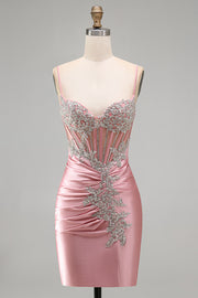 Satin Blush Bodycon Corset Ruched Homecoming Dress with Rhinestones
