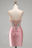 Satin Blush Bodycon Corset Ruched Homecoming Dress with Rhinestones