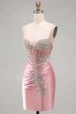 Satin Blush Bodycon Corset Ruched Homecoming Dress with Rhinestones