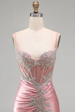 Satin Blush Bodycon Corset Ruched Homecoming Dress with Rhinestones