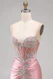 Satin Blush Bodycon Corset Ruched Homecoming Dress with Rhinestones