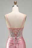 Satin Blush Bodycon Corset Ruched Homecoming Dress with Rhinestones