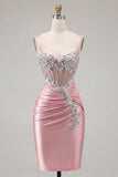 Satin Blush Bodycon Corset Ruched Homecoming Dress with Rhinestones
