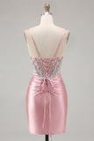 Satin Blush Bodycon Corset Ruched Homecoming Dress with Rhinestones