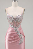Satin Blush Bodycon Corset Ruched Homecoming Dress with Rhinestones