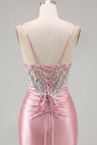 Satin Blush Bodycon Corset Ruched Homecoming Dress with Rhinestones