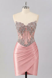 Satin Blush Sweetheart Bodycon Corset Ruched Homecoming Dress with Rhinestones
