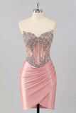 Satin Blush Sweetheart Bodycon Corset Ruched Homecoming Dress with Rhinestones