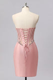 Satin Blush Sweetheart Bodycon Corset Ruched Homecoming Dress with Rhinestones