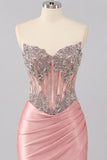 Satin Blush Sweetheart Bodycon Corset Ruched Homecoming Dress with Rhinestones