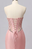 Satin Blush Sweetheart Bodycon Corset Ruched Homecoming Dress with Rhinestones