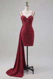 Burgundy Bodycon Corset Ruched Beaded Homecoming Dress with Side Cape