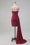 Burgundy Bodycon Corset Ruched Beaded Homecoming Dress with Side Cape