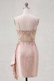 Champagne Bodycon Corset Ruched Beaded Homecoming Dress with Sash