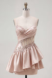 Champagne A-Line Corset Ruched Homecoming Dress with Beading
