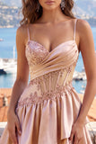 Champagne A-Line Corset Ruched Homecoming Dress with Beading