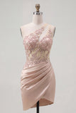 Champagne One Shoulder Bodycon Sheer Corset Ruched Homecoming Dress with Beading