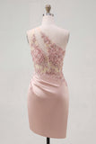 Champagne One Shoulder Bodycon Sheer Corset Ruched Homecoming Dress with Beading