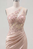 Champagne One Shoulder Bodycon Sheer Corset Ruched Homecoming Dress with Beading