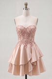 A-Line Champagne Sweetheart Sheer Corset Ruffled Homecoming Dress with Beading