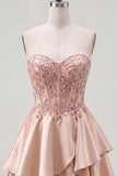 A-Line Champagne Sweetheart Sheer Corset Ruffled Homecoming Dress with Beading
