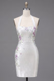 White Halter Neck Bodycon Floral Homecoming Dress with Beading