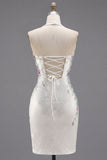 White Halter Neck Bodycon Floral Homecoming Dress with Beading