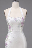 White Halter Neck Bodycon Floral Homecoming Dress with Beading