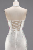 White Halter Neck Bodycon Floral Homecoming Dress with Beading