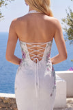White Halter Neck Bodycon Floral Homecoming Dress with Beading