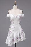 Cold Shoulder A-Line White Floral Homecoming Dress with Beading