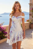 Cold Shoulder A-Line White Floral Homecoming Dress with Beading