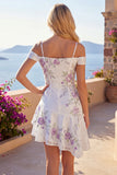 Cold Shoulder A-Line White Floral Homecoming Dress with Beading