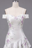 Cold Shoulder A-Line White Floral Homecoming Dress with Beading
