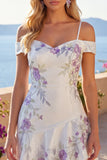 Cold Shoulder A-Line White Floral Homecoming Dress with Beading