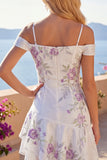 Cold Shoulder A-Line White Floral Homecoming Dress with Beading