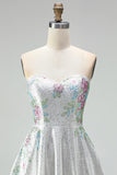 A-Line Sweetheart White Floral Homecoming Dress with Beading