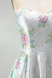A-Line Sweetheart White Floral Homecoming Dress with Beading