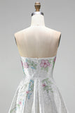A-Line Sweetheart White Floral Homecoming Dress with Beading