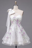 One Shoulder A-Line White Floral Beaded Homecoming Dress with Bow