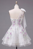 One Shoulder A-Line White Floral Beaded Homecoming Dress with Bow