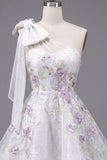 One Shoulder A-Line White Floral Beaded Homecoming Dress with Bow