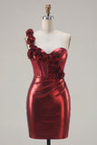 Metallic Burgundy One Shoulder Floral Corset Bodycon Ruched Homecoming Dress