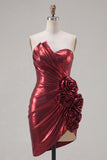 Metallic Burgundy Strapless Bodycon Ruched Homecoming Dress with 3D Flowers
