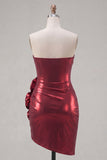 Metallic Burgundy Strapless Bodycon Ruched Homecoming Dress with 3D Flowers