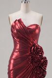 Metallic Burgundy Strapless Bodycon Ruched Homecoming Dress with 3D Flowers