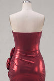 Metallic Burgundy Strapless Bodycon Ruched Homecoming Dress with 3D Flowers
