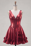 Metallic Burgundy A-Line V-Neck Corset Homecoming Dress with 3D Flowers
